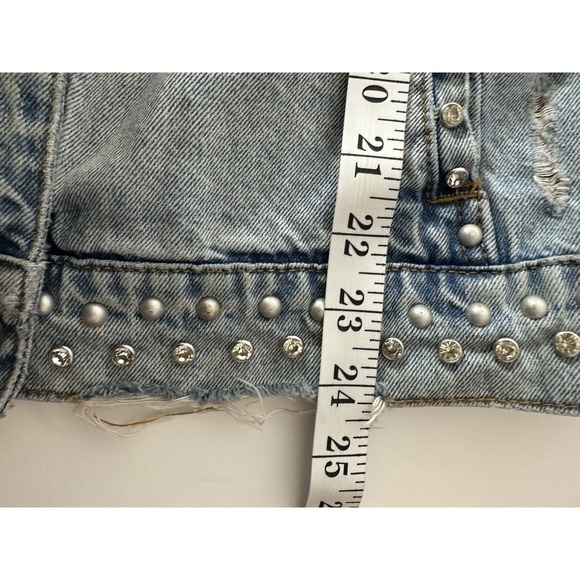BLANKNYC Denim Jacket Womens XS Blue Studded Pearl Distressed Star Oversized - Picture 7 of 10